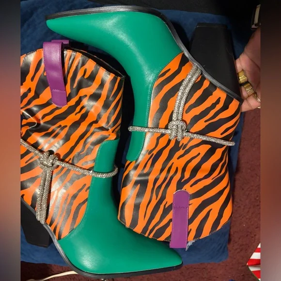 Green and Orange Striped Boots with Silver Accents - Picture 5 of 6